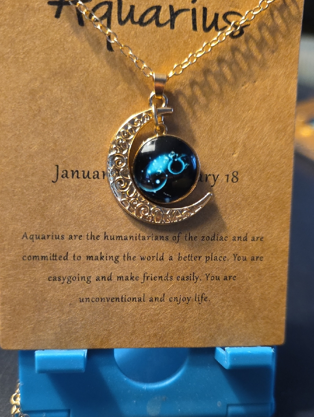Aquarius Gold-Tone Crescent Moon Necklace with Black Zodiac Pendant - Picture 6 of 9
